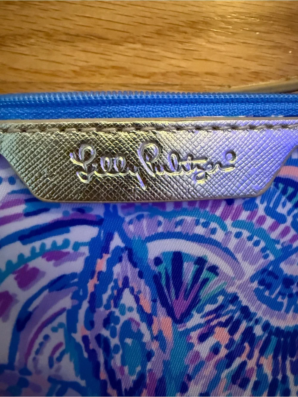 Lilly Pulitzer Blue, Pink & Purple Abstract Zip Card Pouch with Gold Logo